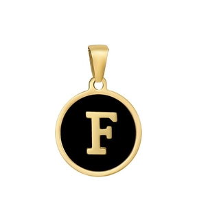 Detail of round golden stainless steel pendant with black enamel and letter F charm