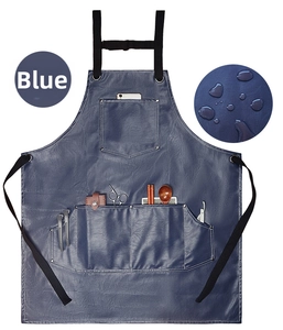 Dettaglio del grembiule blu in pelle PU impermeabile con quattro tasche multiuso