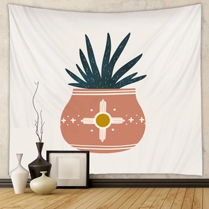Bohemian wall tapestry featuring minimalist succulent plants in deep green and brick red hues