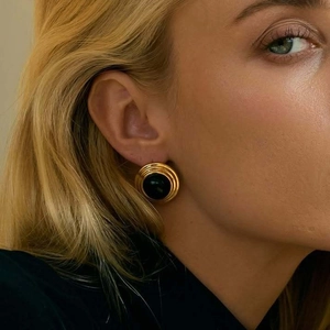 Retro 18k gold plated stainless steel disc earrings with natural tiger eye stone inlay