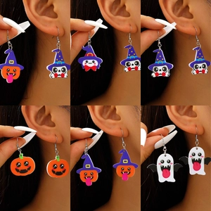 Halloween Acrylic Ghost Pumpkin Novelty Earrings Cartoon Wizard Hat Skeleton Drop Earrings For Women Party Jewelry