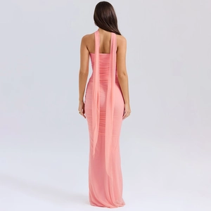 Detail of pink halter neck dress featuring long mesh streamers on back view