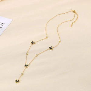 Elegant gold Y-shaped stainless steel necklace with black butterfly charms and zircon