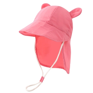 Detailed view of pink sun hat with cute ears, long neck flap, and adjustable drawstring