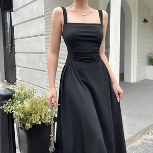 Elegant black square neck sleeveless midi dress with pleated waist and A-line silhouette