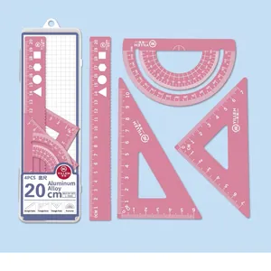 Pink aluminum alloy 4-piece geometry set including 20cm ruler and protractor in a case