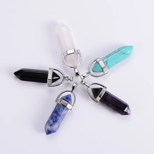 Set of five hexagonal gemstone pendants including amethyst and turquoise in silver plating