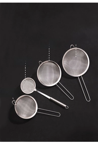 Set of 30 mesh and 80 mesh stainless steel fine strainers with long handles on black surface