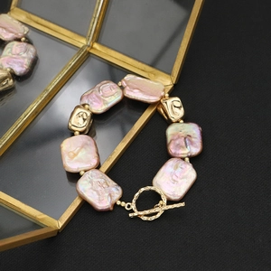 Artificial Baroque Pearl Bracelet Natural Artificial Pearls 18K Gold Plated Alloy Geometric Square Toggle Clasp Retro For Women