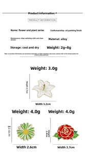 Detail showing lily, daisy and rose enamel pins with size labels and metal material info
