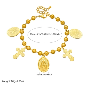 Gold-plated beaded bracelet with Saint Joseph religious medals and ornate crosses, 17cm+5cm