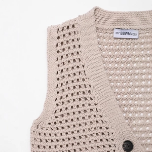 Retro oversized crochet knit vest in beige with open-stitch texture and button detail