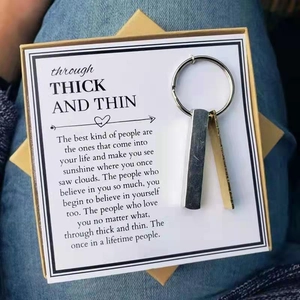 Three-tone metal bar keychain set in a kraft gift box with a sentimental message card