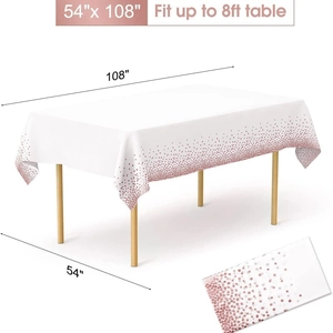White disposable tablecloth with rose gold polka dots, size 54x108 inch for 8ft tables