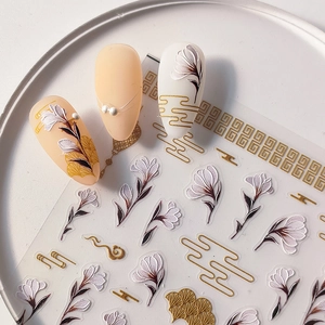 5D embossed nail art stickers with magnolia flowers and golden clouds in Chinese style