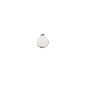 Polished silver stainless steel round disc pendant with bail on a white background