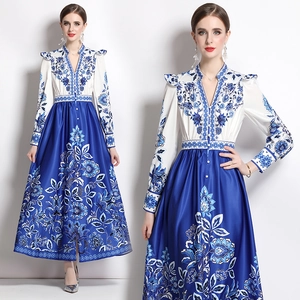 French Retro Blue White Porcelain Print Maxi Dress Polyester V Neck High Waist Long Sleeve Elegant A-Line Swing Dress