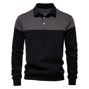 Close-up of polo neck detail on a gray and black long sleeve sweatshirt with buttons
