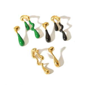 Minimalist 18K gold-plated irregular streamline earrings in gold, green, and black enamel