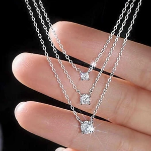 Three-piece stainless steel necklace set with round and square zircon pendant stones