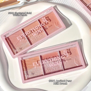 Close-up of dual three-color blush and eyeshadow palettes in pink butterfly cases