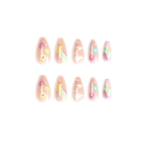 Press on nails with rainbow stars white clouds and floral patterns in long almond shape
