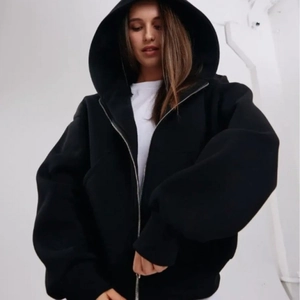 Felpa Con Cappuccio Zip Donna Oversize Sweatshirt Poliestere Pile Tinta Unita Casual Spalle Cadenti Giacca Coulisse Tasche