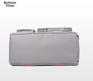 Flat bottom view of gray waterproof travel bag showing reinforced pink straps and stitching