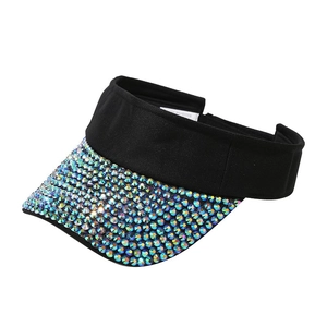 Women's black open top sun hat with colorful sparkling rhinestones on the brim
