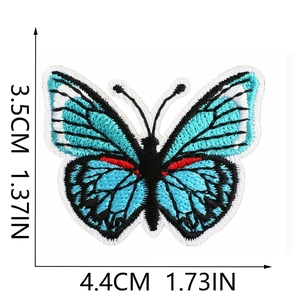 Detailed view of blue butterfly embroidery patch with dimensions 3.5cm x 4.4cm