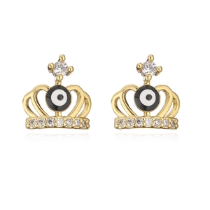 Macro detail of crown earrings in 18K gold finish with micro-inset zircons and eye motif