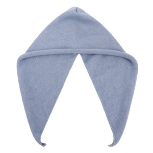 Close-up of light blue knitted head wrap showing soft fiber texture and weave pattern