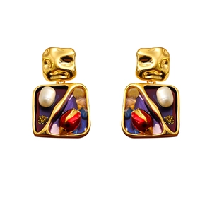 Französische Vintage Perlenohrringe mit Emaille-Ölgemälde-Glasur in Gold-Finish