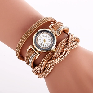 Elegant gold wrap-around bracelet watch for women with rhinestones and white round dial