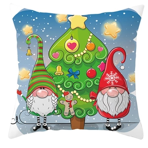 Detailed pattern of a cute Christmas gnome and decorative trees on a soft pillowcase