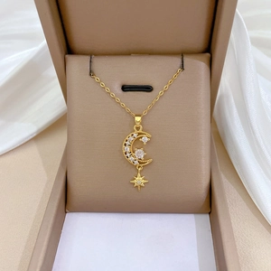 Collier Pendentif Lune Étoile Chaîne En Acier Titane Cuivre Micro-incrusté De Zircone Bijoux Élégants Pour Femmes
