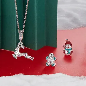 S925 sterling silver Christmas reindeer necklace with gingerbread and snowman charms