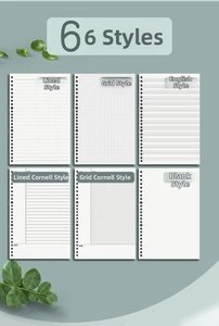 Detailed comparison of six binder refill styles including lined, grid, and Cornell patterns