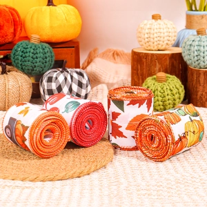 Rubans d'automne à bord métallique avec motifs citrouilles et érable pour emballage de cadeaux