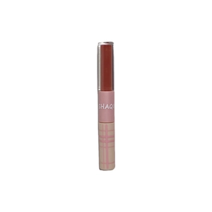 Dual-ended lip glaze with glossy red-brown finish and matte velvet texture in a plaid design