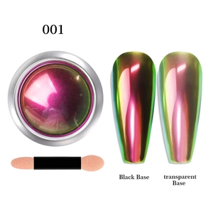 Chameleon mirror nail powder 001 showing pink-green effect on black and clear bases