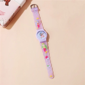 Detail of purple mermaid kids watch with 3D silicone strap and clear numeric dial