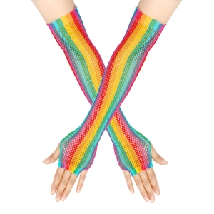 Rainbow gradient fishnet gloves with hollow elastic mesh for festival party wear