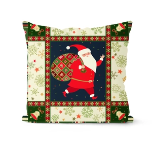 Detailaufnahme des quadratischen Kissenbezugs mit Weihnachtsmann, Geschenken und Flocken