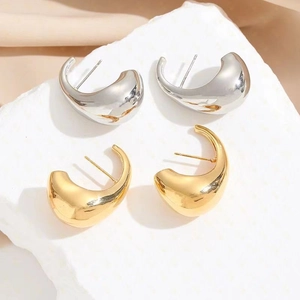 Minimalist Chunky Stud Earrings Geometric C-Shape Mirror Polish Copper With 925 Sterling Silver Earring Post For Women