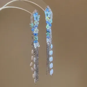 Butterfly Tassel Long Drop Earrings With Alloy Resin Flower Rhinestone And 925 Sterling Silver Earring Post