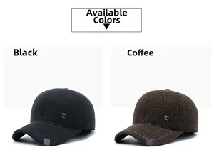 Detail view of winter baseball caps in black and coffee wool herringbone fabric