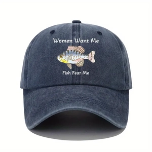 Washed dark blue denim baseball cap with Women Want Me Fish Fear Me funny fish print