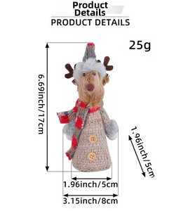Detailed view of plush reindeer ornament with red scarf and wood buttons, 17cm height