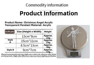 Detailed size chart for clear acrylic Christmas angel and ballet girl tree pendants